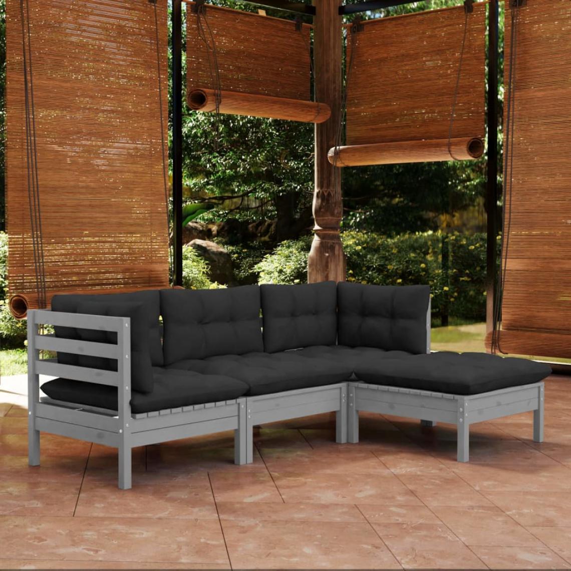 Vidaxl - vidaXL Salon de jardin 4 pcs avec coussins Gris Bois de pin - Ensembles canapés et fauteuils