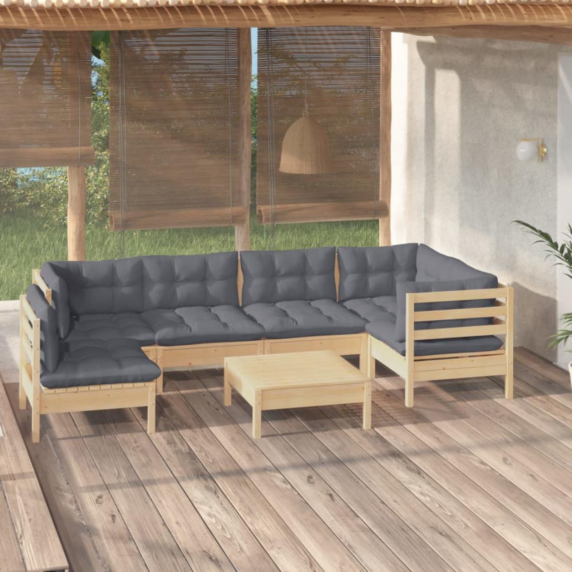 Vidaxl - vidaXL Salon de jardin 7 pcs avec coussins gris Bois de pin - Ensembles canapés et fauteuils
