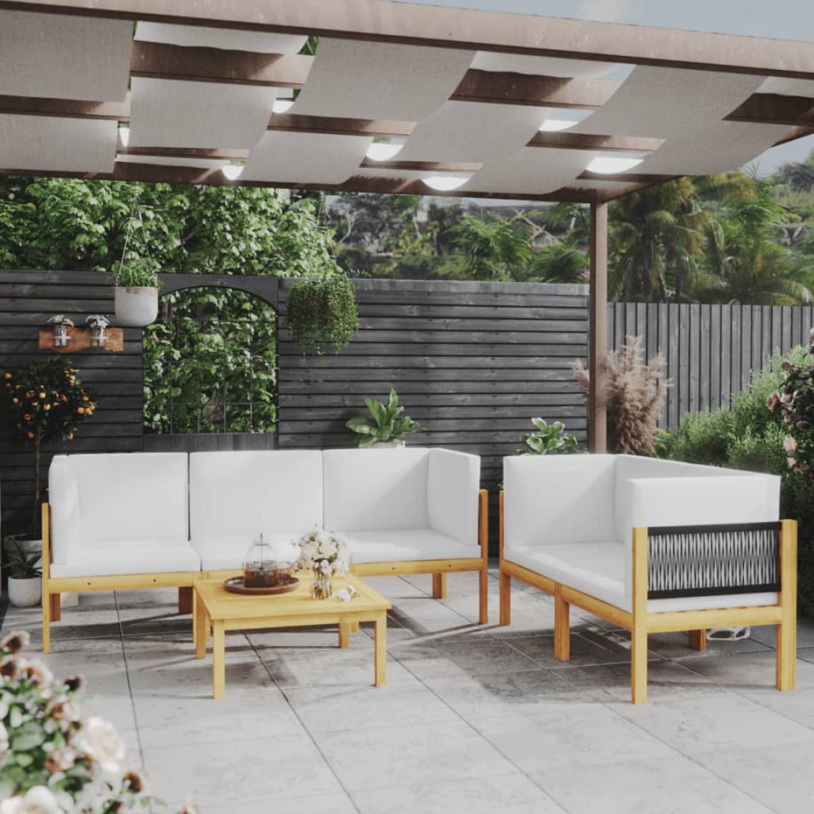 Chunhelife - Salon de jardin 6 pcs avec coussins Crème Bois d'acacia solide - Ensembles canapés et fauteuils