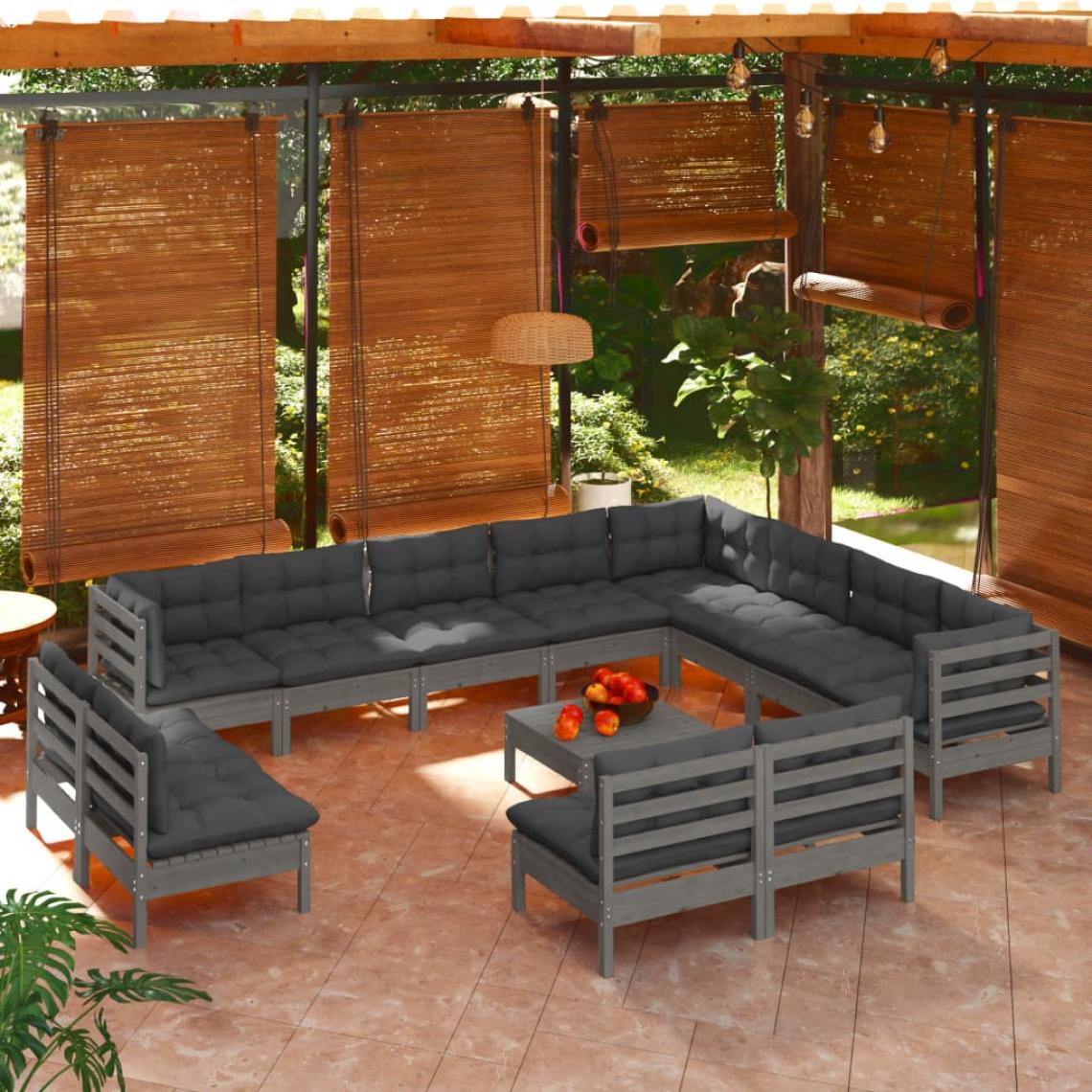 Vidaxl - vidaXL Salon de jardin 13 pcs avec coussins Gris Bois de pin solide - Ensembles canapés et fauteuils