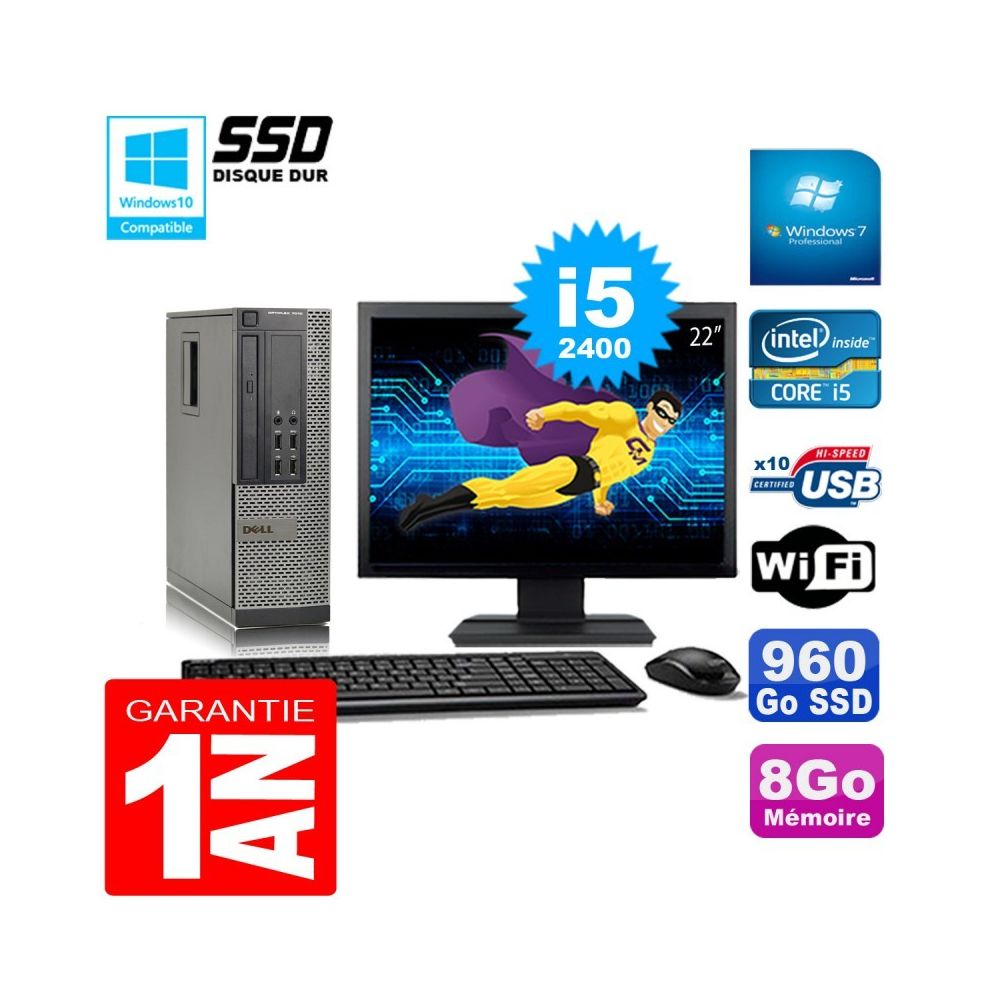 Dell - PC DELL 7010 SFF Core I5-2400 Ram 8Go Disque 960Go SSD Graveur Wifi W7 Ecran 22"""" - PC Fixe