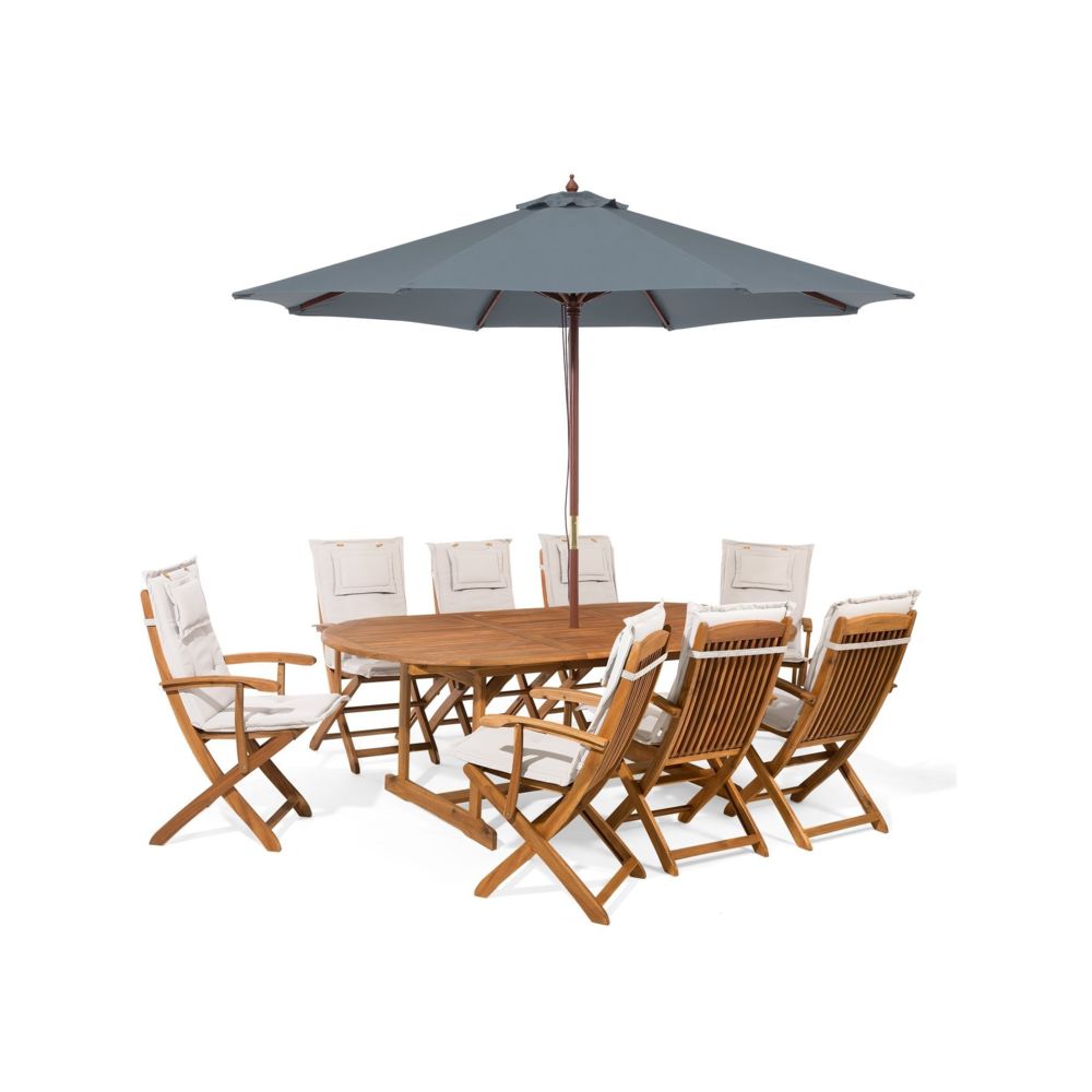 Beliani - Beliani Ensemble de jardin en bois 8 places avec coussins beiges et parasol gris MAUI - marron clair - Ensembles tables et chaises