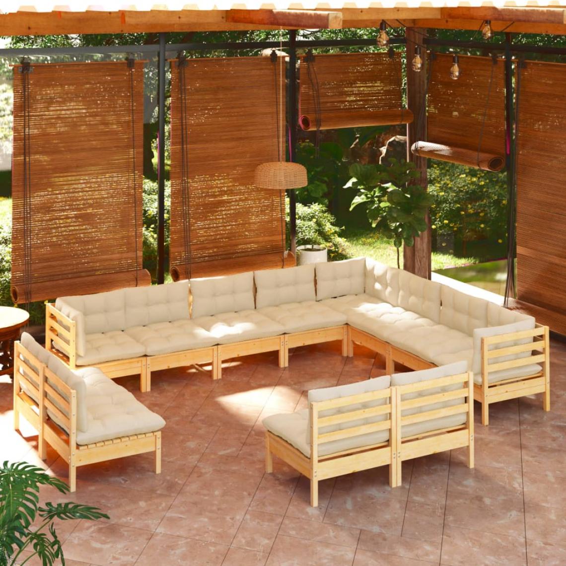 Vidaxl - vidaXL Salon de jardin 12 pcs avec coussins crème Bois de pin solide - Ensembles canapés et fauteuils
