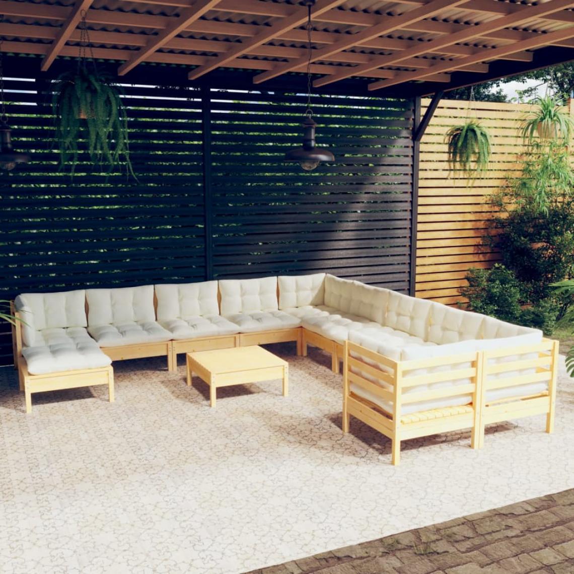 Vidaxl - vidaXL Salon de jardin 12 pcs avec coussins crème Bois de pin - Ensembles canapés et fauteuils