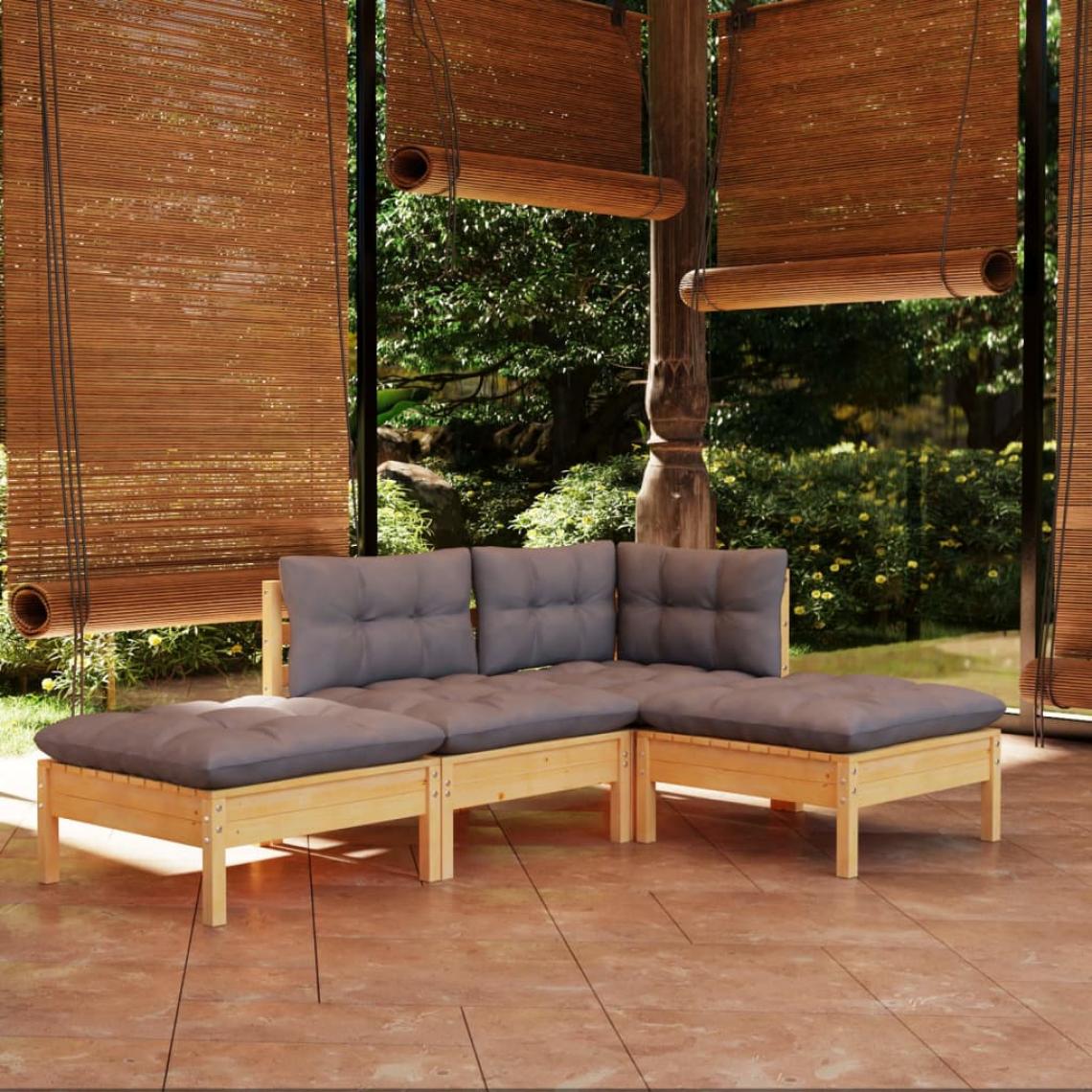 Vidaxl - vidaXL Salon de jardin 4 pcs avec coussins gris Bois de pin massif - Ensembles canapés et fauteuils