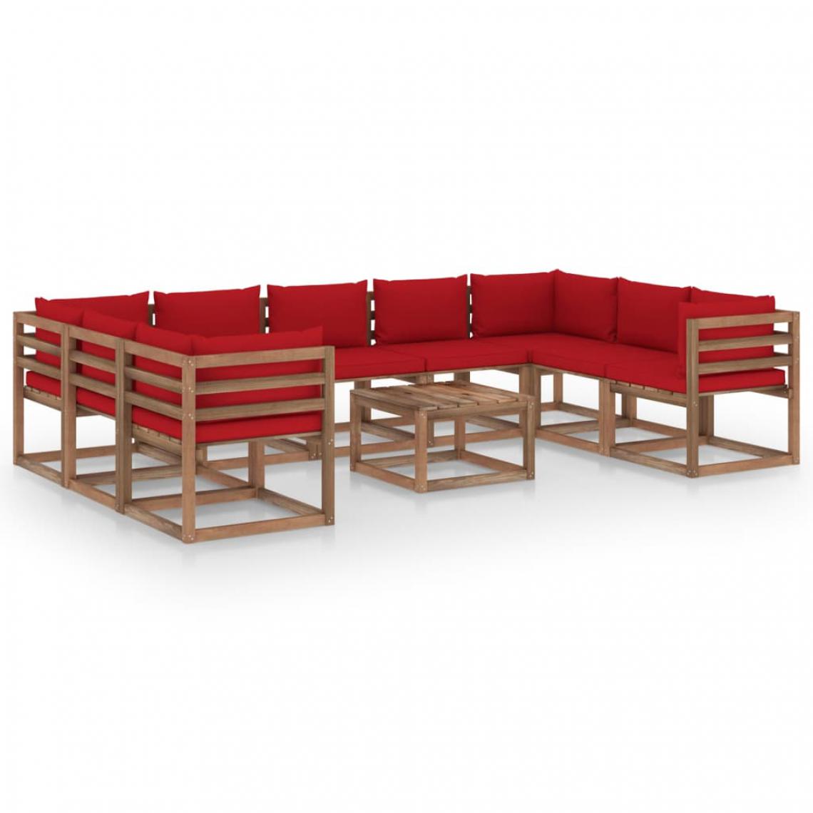 Chunhelife - Salon de jardin 10 pcs avec coussins rouge - Ensembles canapés et fauteuils