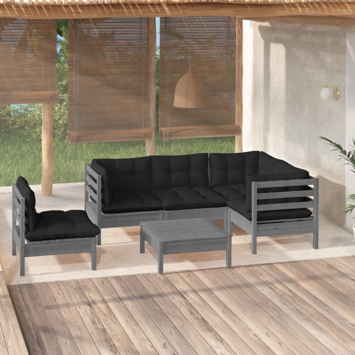 Vidaxl - vidaXL Salon de jardin 6 pcs avec coussins Gris Bois de pin - Ensembles canapés et fauteuils