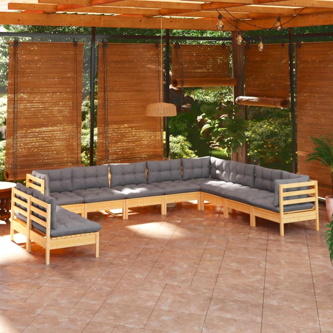 Vidaxl - vidaXL Salon de jardin 10 pcs avec coussins gris Bois de pin solide - Ensembles canapés et fauteuils