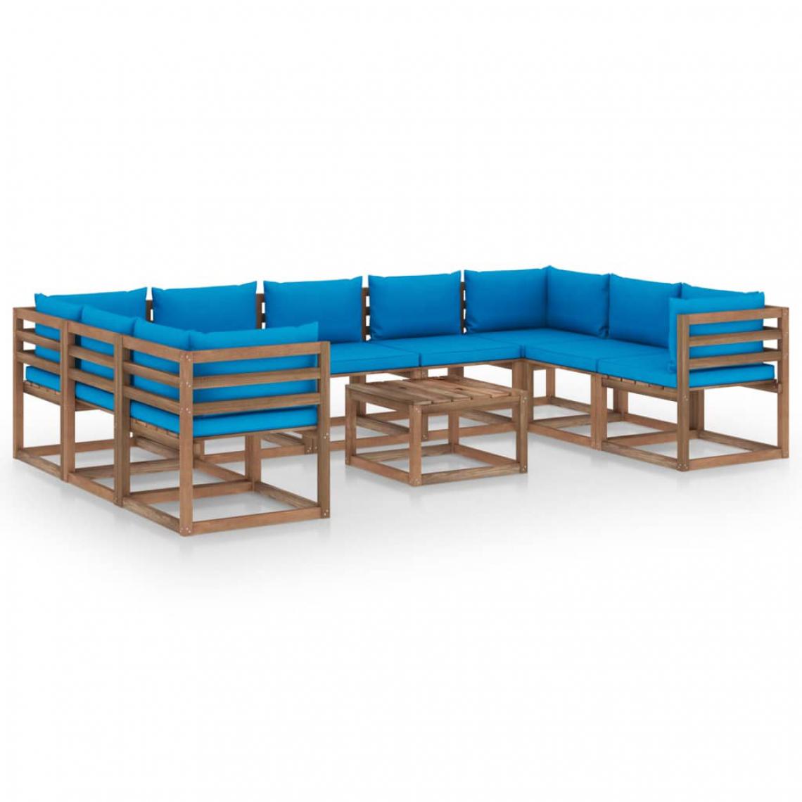 Chunhelife - Salon de jardin 10 pcs avec coussins bleu clair - Ensembles canapés et fauteuils