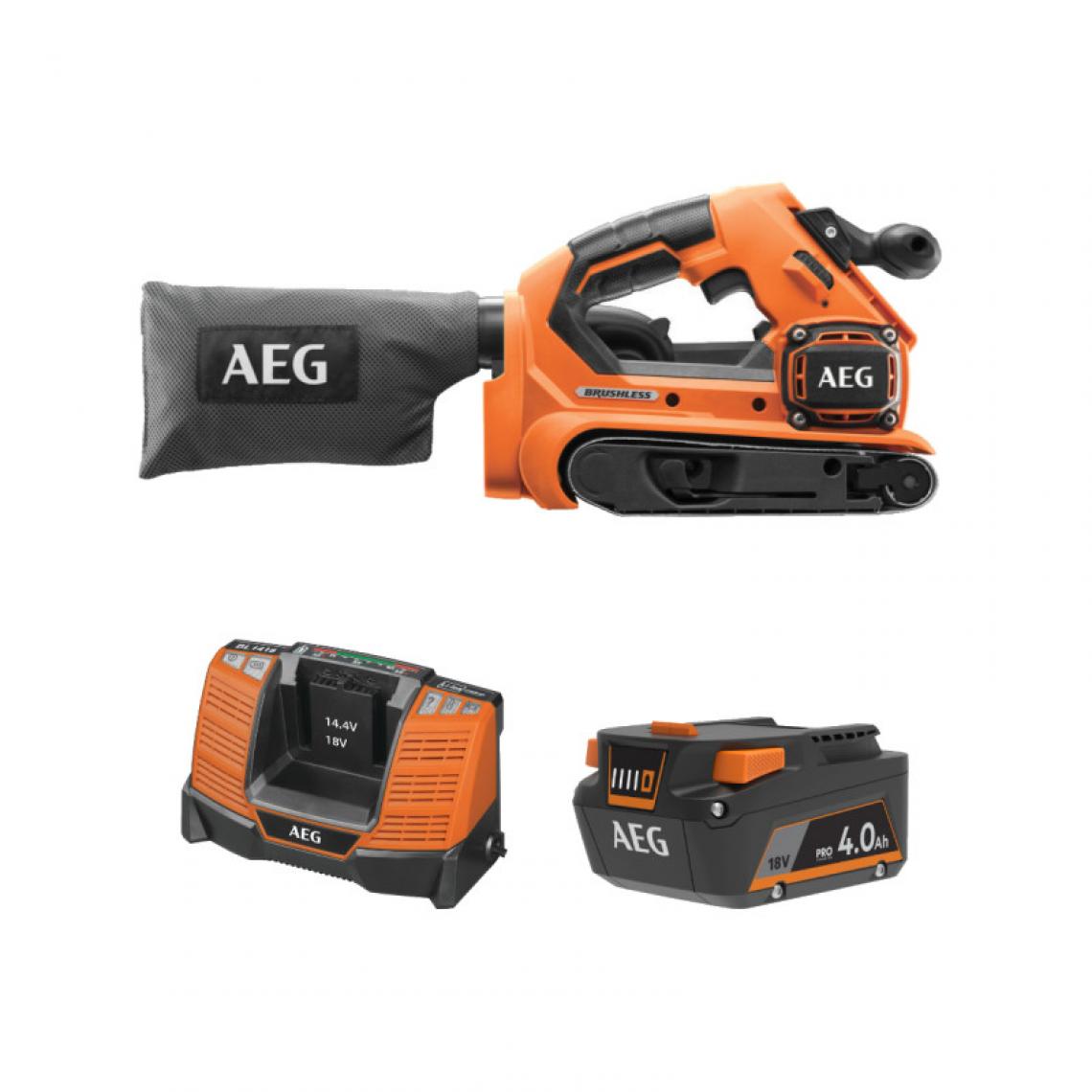 AEG - Pack AEG 18V - Ponceuse à bande Brushless 75mm - Batterie 4.0 Ah - Chargeur - Ponceuses excentriques