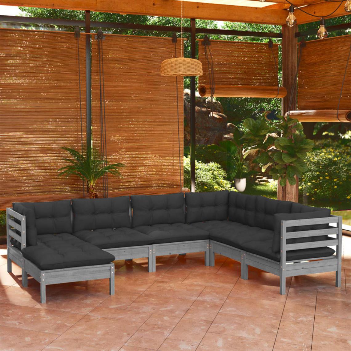 Vidaxl - vidaXL Salon de jardin 7 pcs avec coussins Gris Bois de pin solide - Ensembles canapés et fauteuils