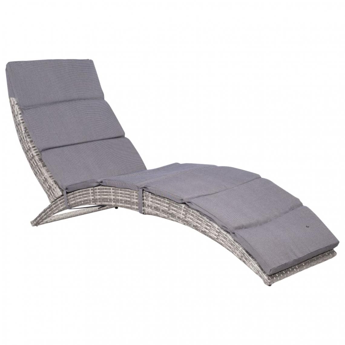 Chunhelife - Chaise longue pliable avec coussin Résine tressée Gris - Transats, chaises longues