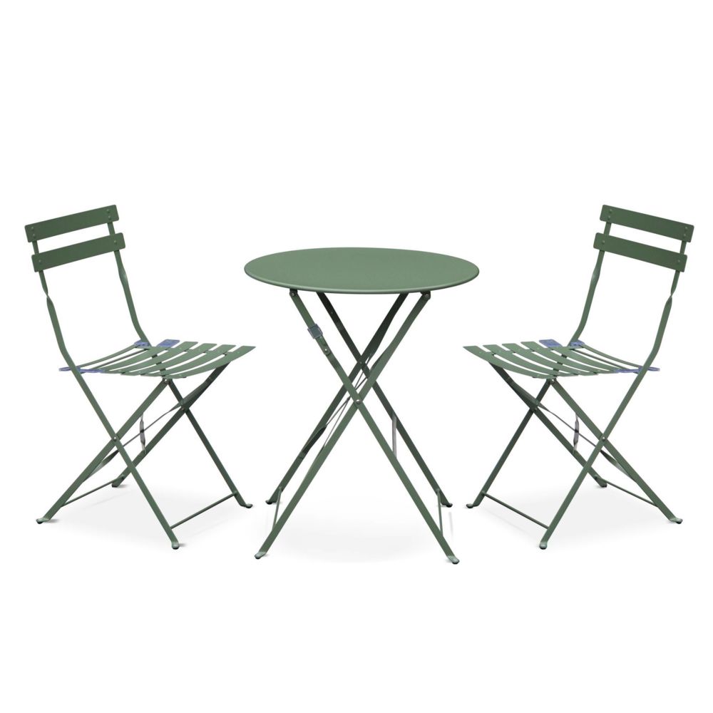 Alice'S Garden - Salon de jardin bistrot pliable - Emilia rond vert de gris - Table Ø60cm avec deux chaises pliantes, acier thermolaqué - Ensembles tables et chaises