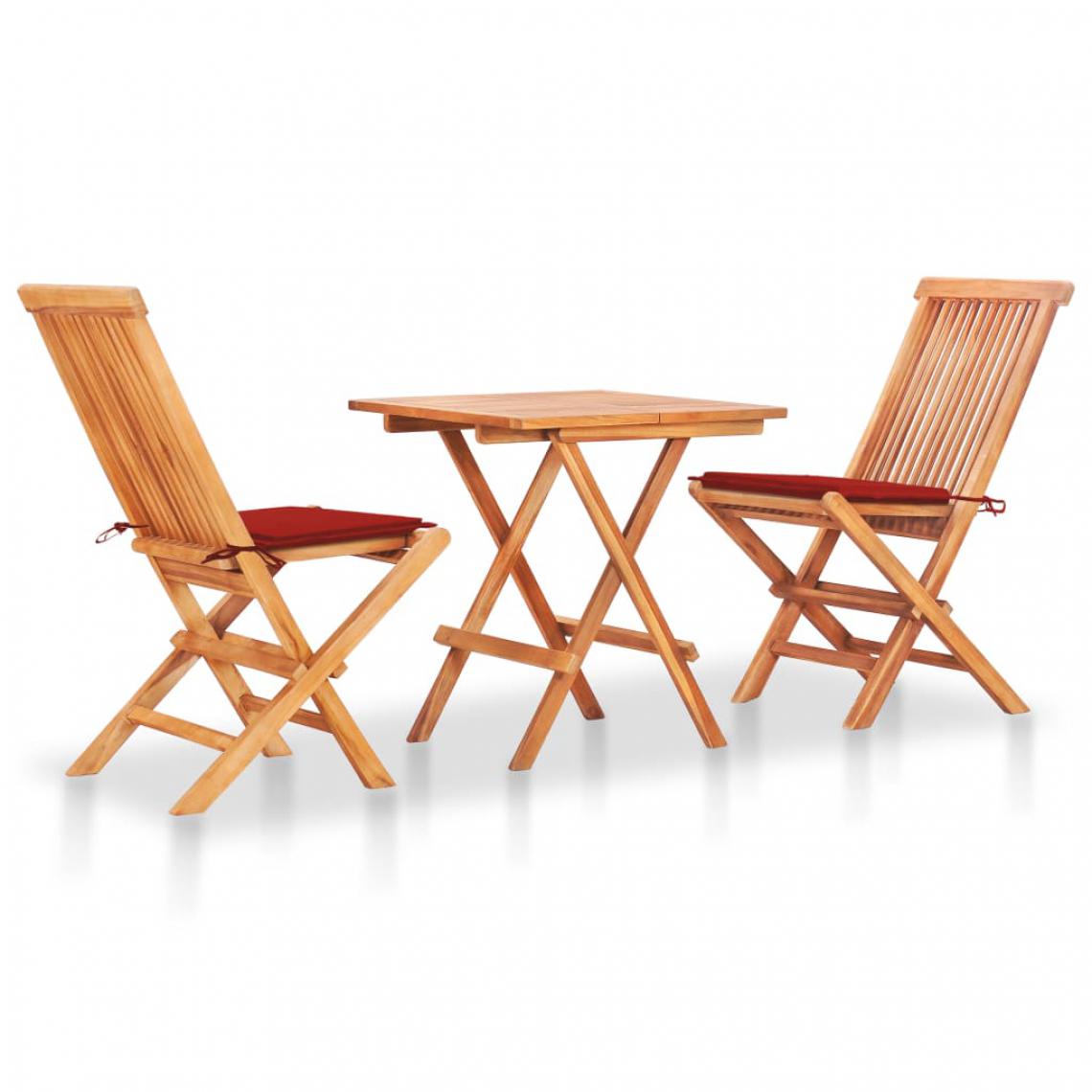Chunhelife - Ensemble de bistro 3pcs avec coussins rouge Bois de teck massif - Ensembles canapés et fauteuils