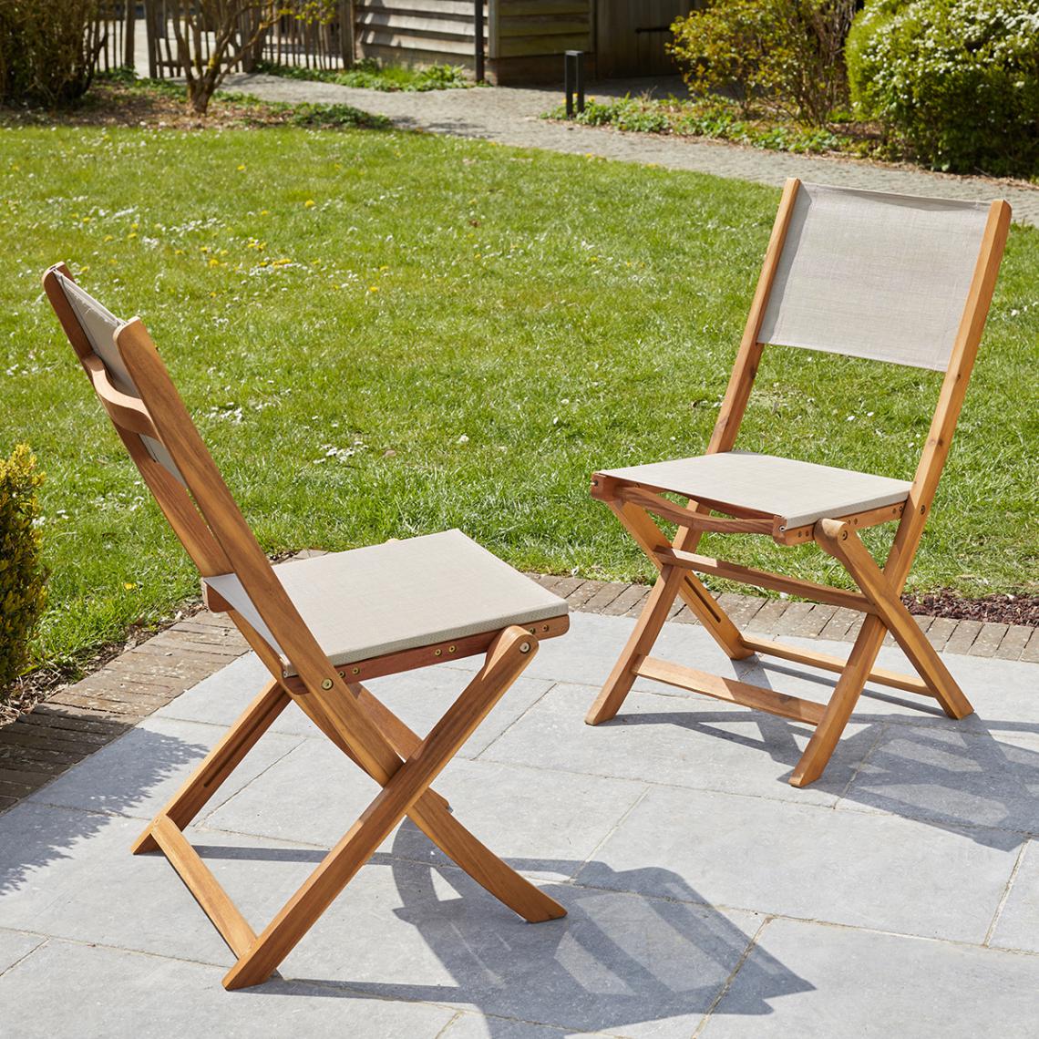 Wilsa - Lot de 2 chaise pliantes en bois d'acacia et textilène gris - Chaises de jardin