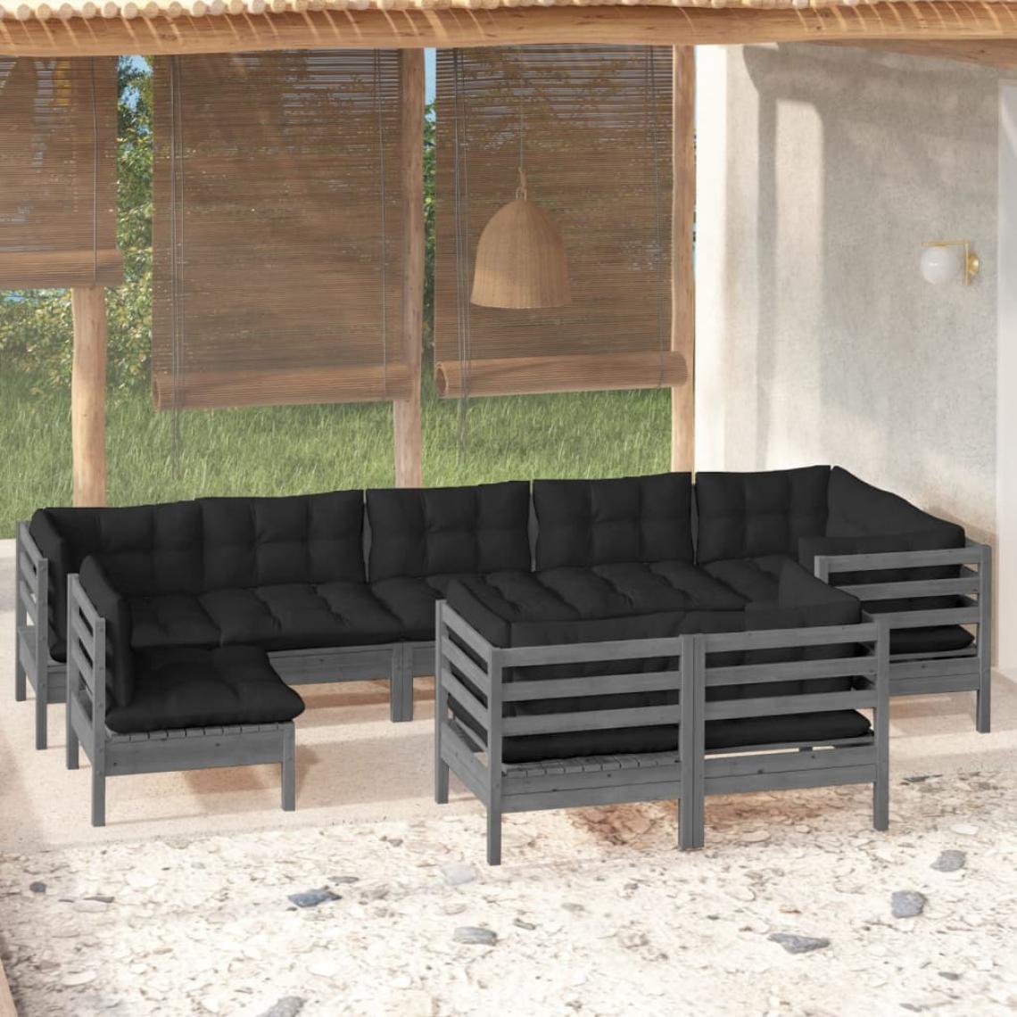 Vidaxl - vidaXL Salon de jardin 9 pcs avec coussins Gris Bois de pin massif - Ensembles canapés et fauteuils