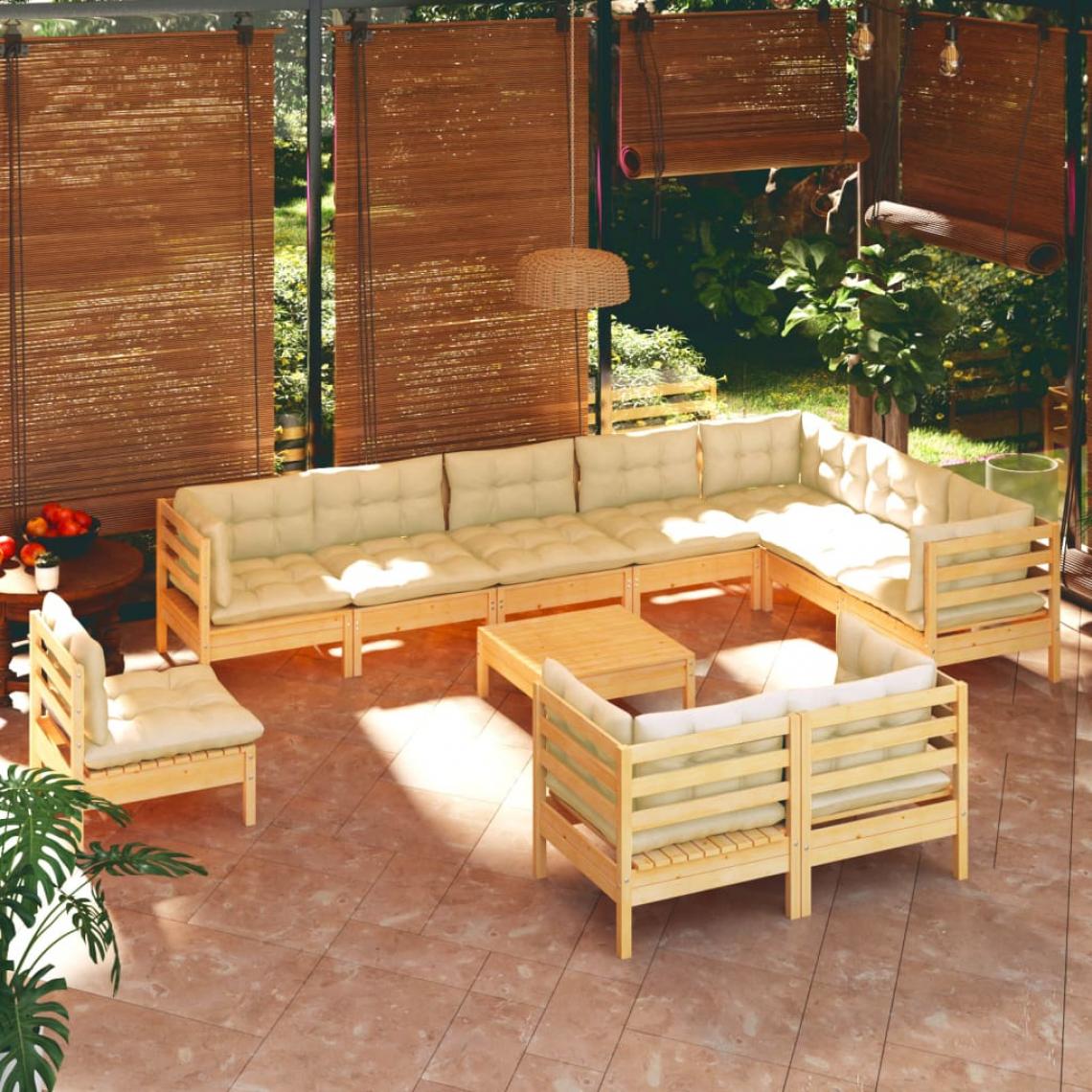 Vidaxl - vidaXL Salon de jardin 11 pcs avec coussins crème Bois de pin solide - Ensembles canapés et fauteuils