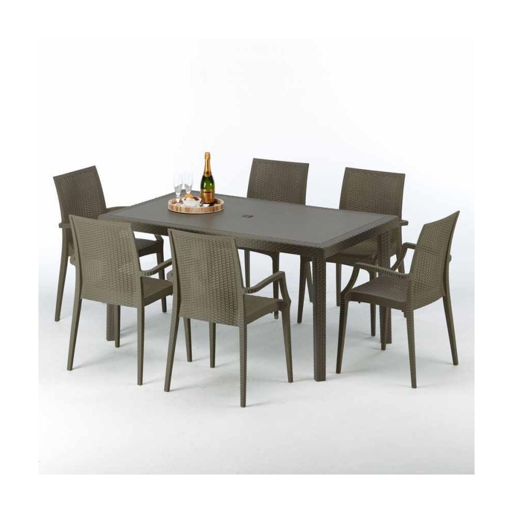 Grand Soleil - Table rectangulaire 6 chaises Poly rotin resine 150x90 marron Focus, Chaises Modèle: Bistrot Arm Marron Moka - Ensembles tables et chaises