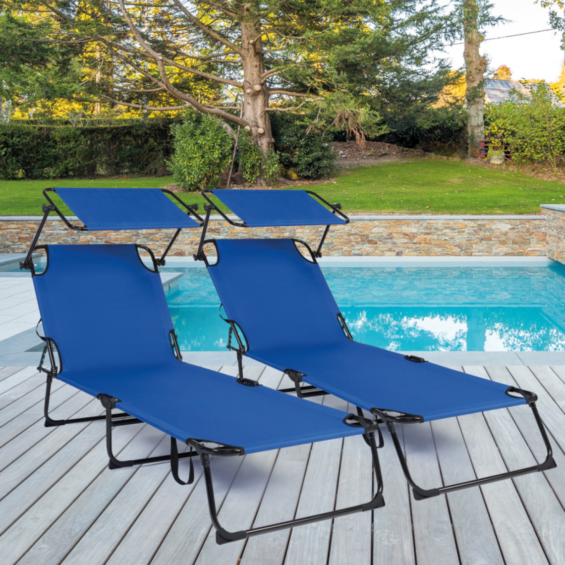 Idmarket - Lot de 2 transats bains de soleil pliants bleus et auvent réglable - Transats, chaises longues