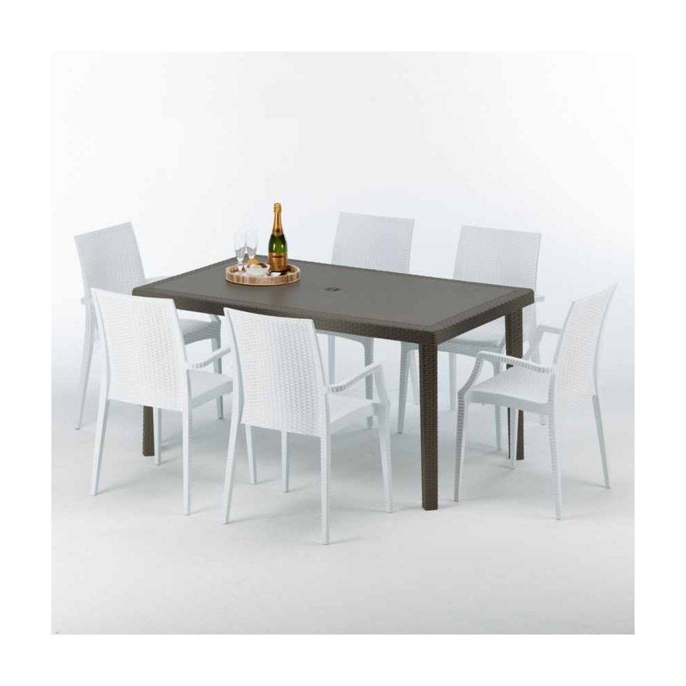 Grand Soleil - Table rectangulaire 6 chaises Poly rotin resine 150x90 marron Focus, Chaises Modèle: Bistrot Arm Blanc - Ensembles tables et chaises