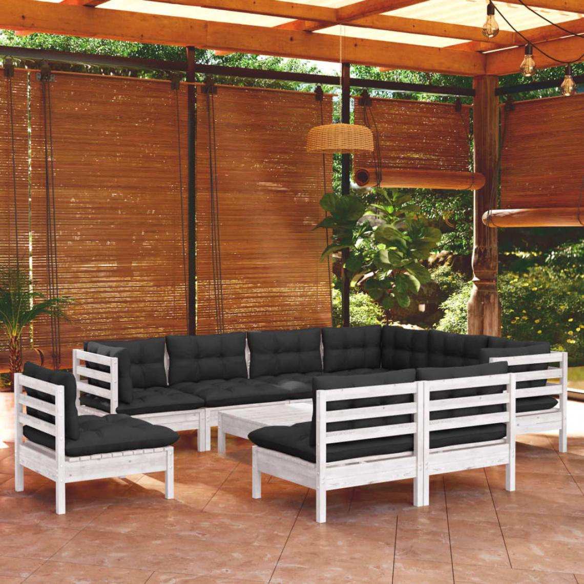 Vidaxl - vidaXL Salon de jardin 10 pcs avec coussins Blanc Bois de pin solide - Ensembles canapés et fauteuils
