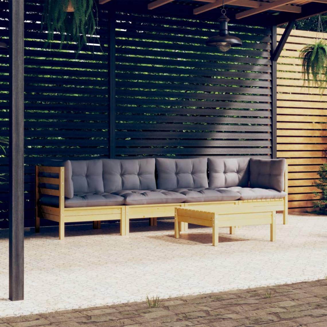 Vidaxl - vidaXL Salon de jardin 5 pcs avec coussins gris Bois de pin massif - Ensembles canapés et fauteuils
