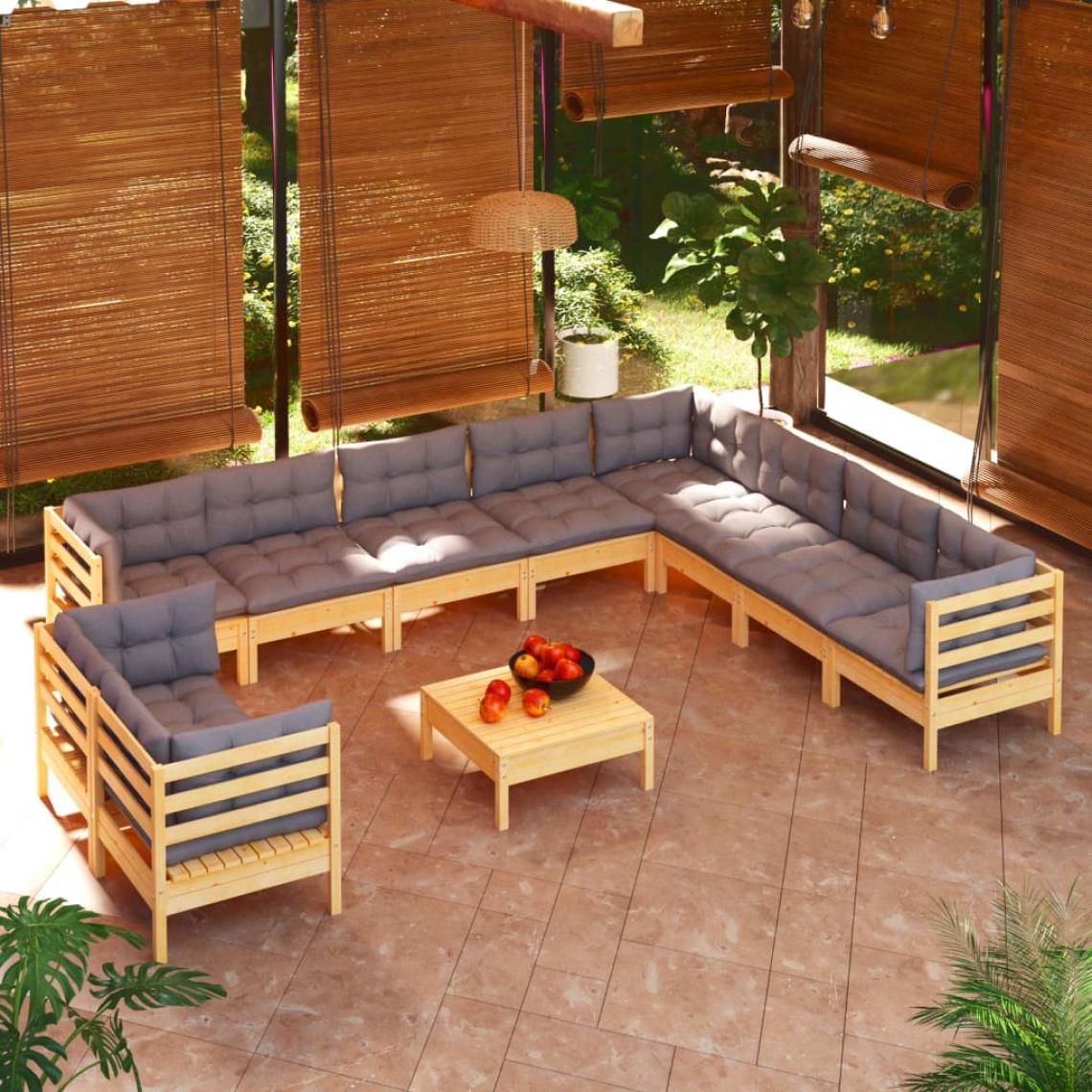 Vidaxl - vidaXL Salon de jardin 11 pcs avec coussins gris Bois de pin solide - Ensembles canapés et fauteuils