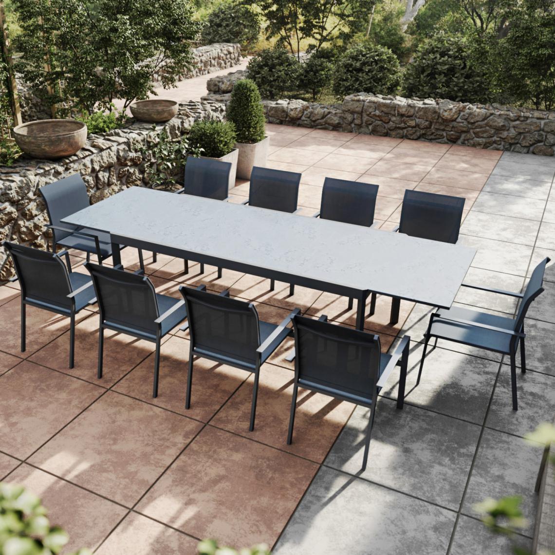 Avril Paris - Table de jardin extensible aluminium anthracite 200/300cm + 10 fauteuils empilables textilène - ARONA - Ensembles canapés et fauteuils