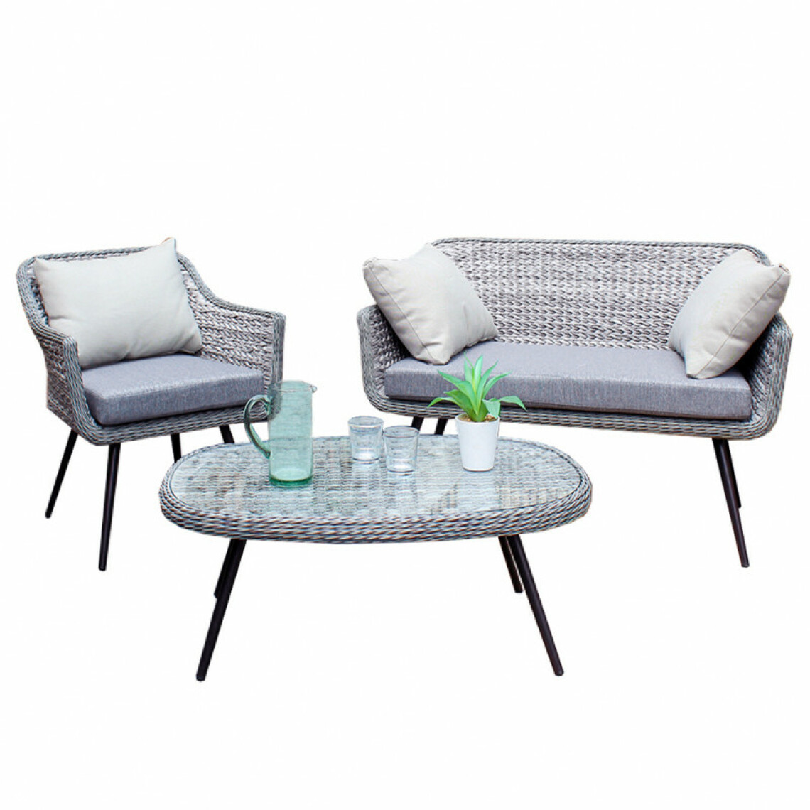 Meubletmoi - Salon de jardin en aluminium noir et coussins gris déperlants - TESA - Ensembles canapés et fauteuils