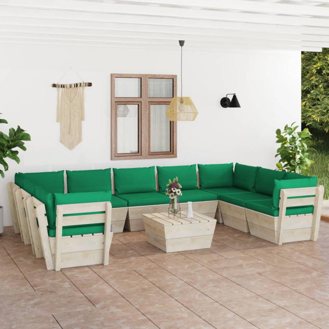 Chunhelife - Salon de jardin palette 10 pcs avec coussins Épicéa imprégné - Ensembles canapés et fauteuils