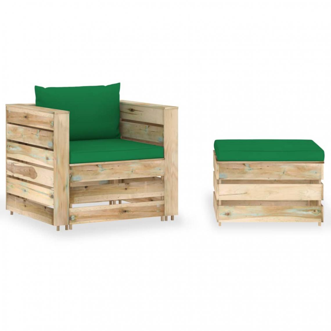 Chunhelife - Salon de jardin 2 pcs avec coussins Bois imprégné de vert - Ensembles canapés et fauteuils
