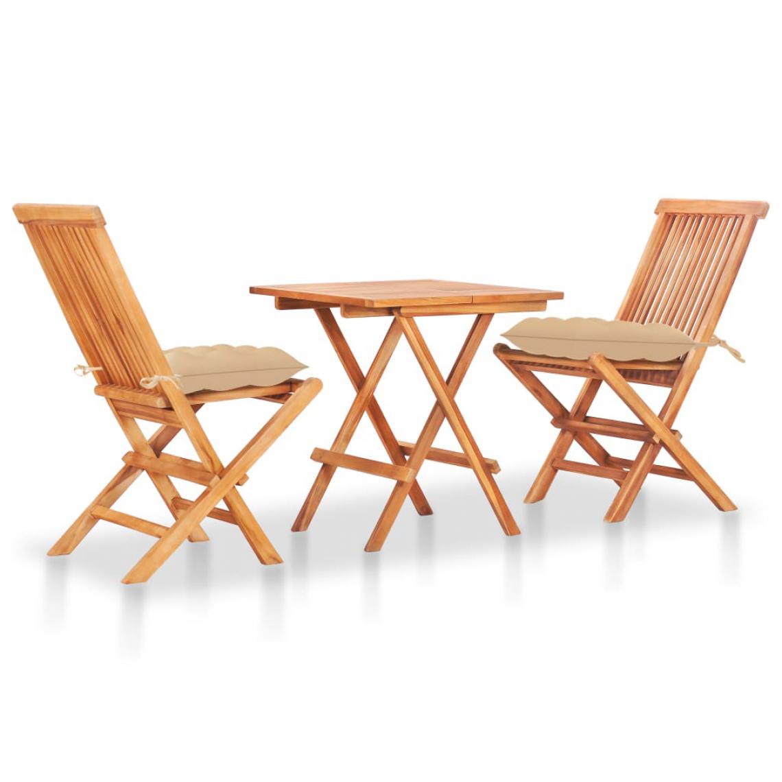 Chunhelife - Ensemble de bistro 3pcs avec coussins beige Bois de teck massif - Ensembles tables et chaises