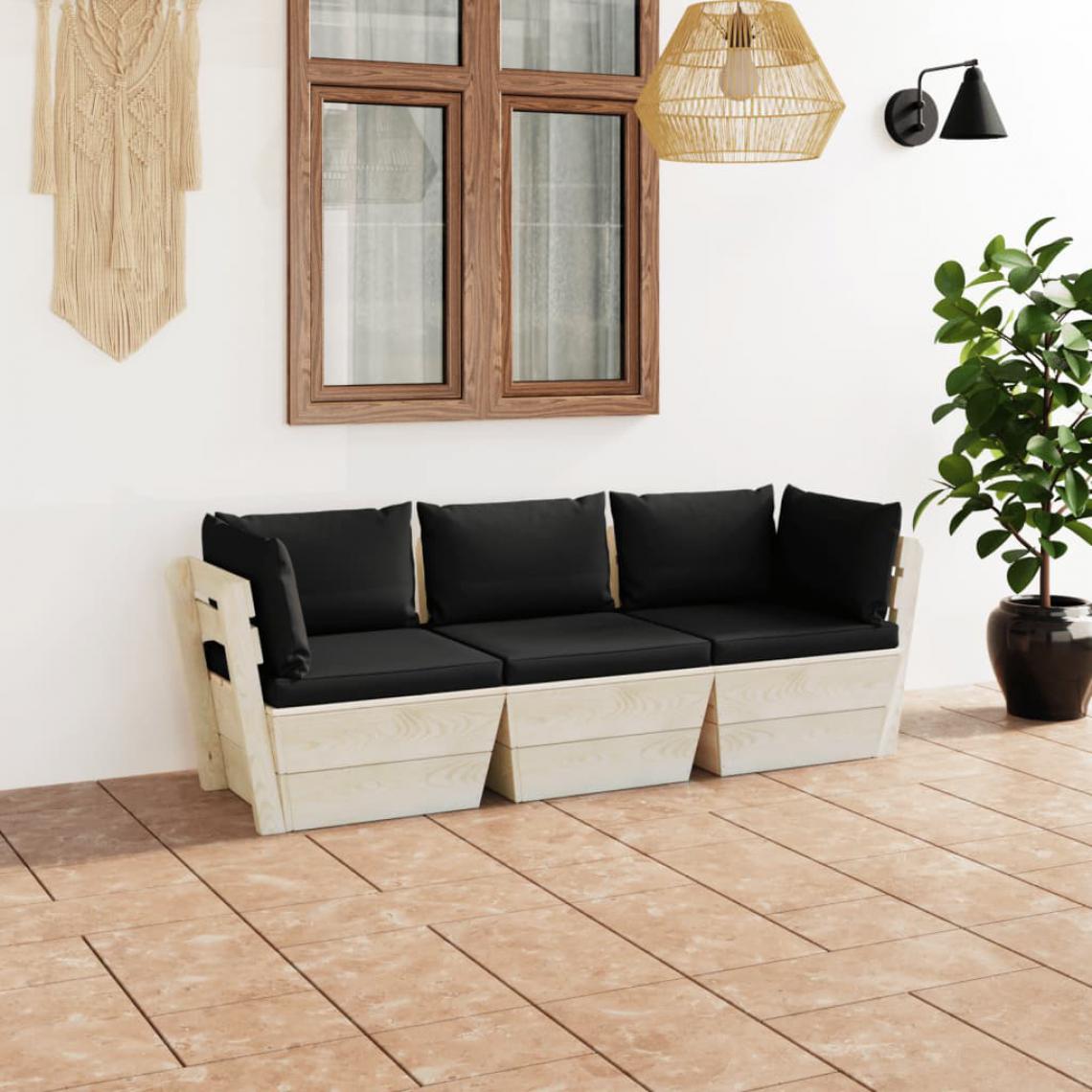 Chunhelife - Canapé palette à 3 places de jardin avec coussins Bois d'épicéa - Ensembles canapés et fauteuils