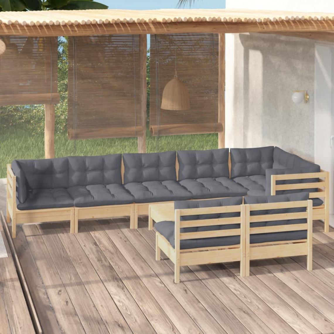 Vidaxl - vidaXL Salon de jardin 9 pcs avec coussins gris Bois de pin massif - Ensembles canapés et fauteuils