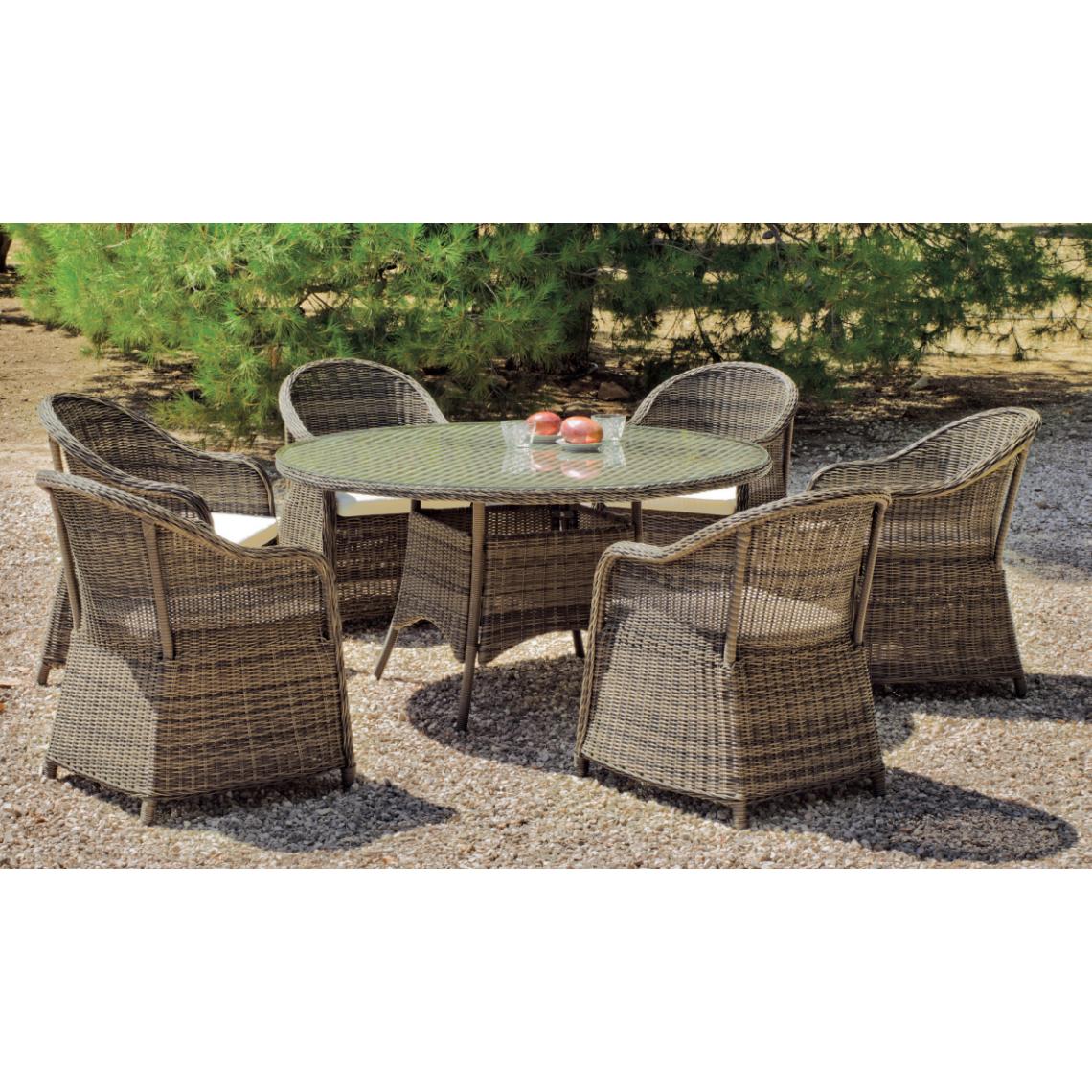 Pegane - Set de jardin en rotin synthétique (table ronde +6 fauteuils avec coussins) - Ensembles canapés et fauteuils