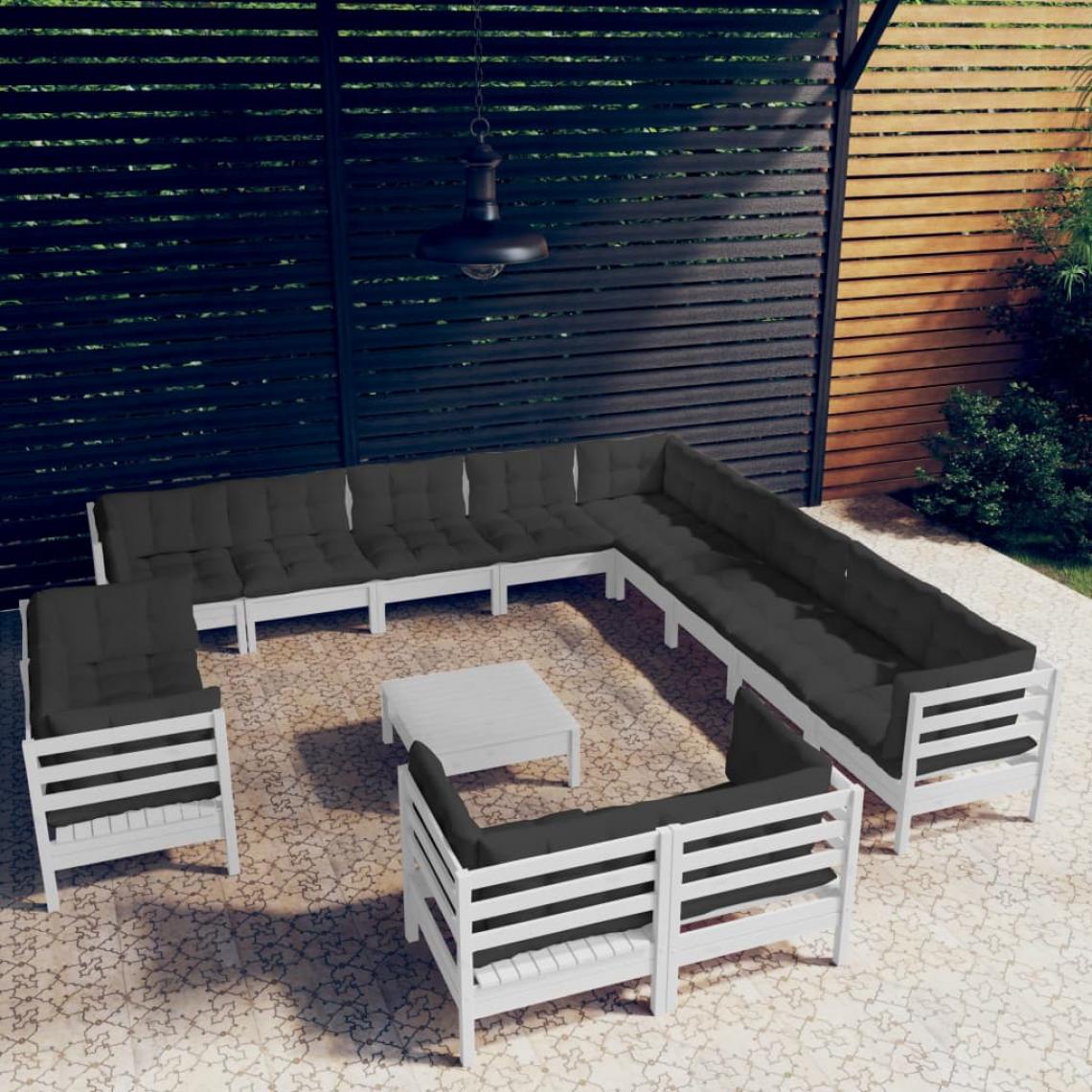 Vidaxl - vidaXL Salon de jardin 14 pcs avec coussins Blanc Bois de pin solide - Ensembles canapés et fauteuils