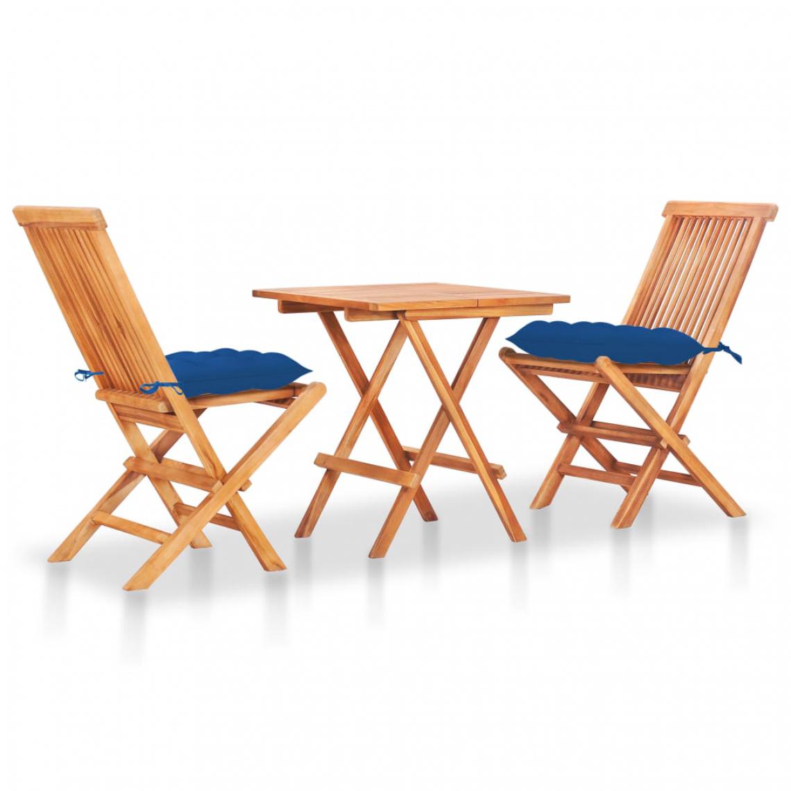 Chunhelife - Ensemble de bistro 3 pcs avec coussins bleu Bois de teck massif - Ensembles canapés et fauteuils