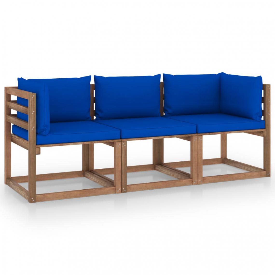 Chunhelife - Canapé palette de jardin 3 places et coussins bleu Pinède - Ensembles canapés et fauteuils