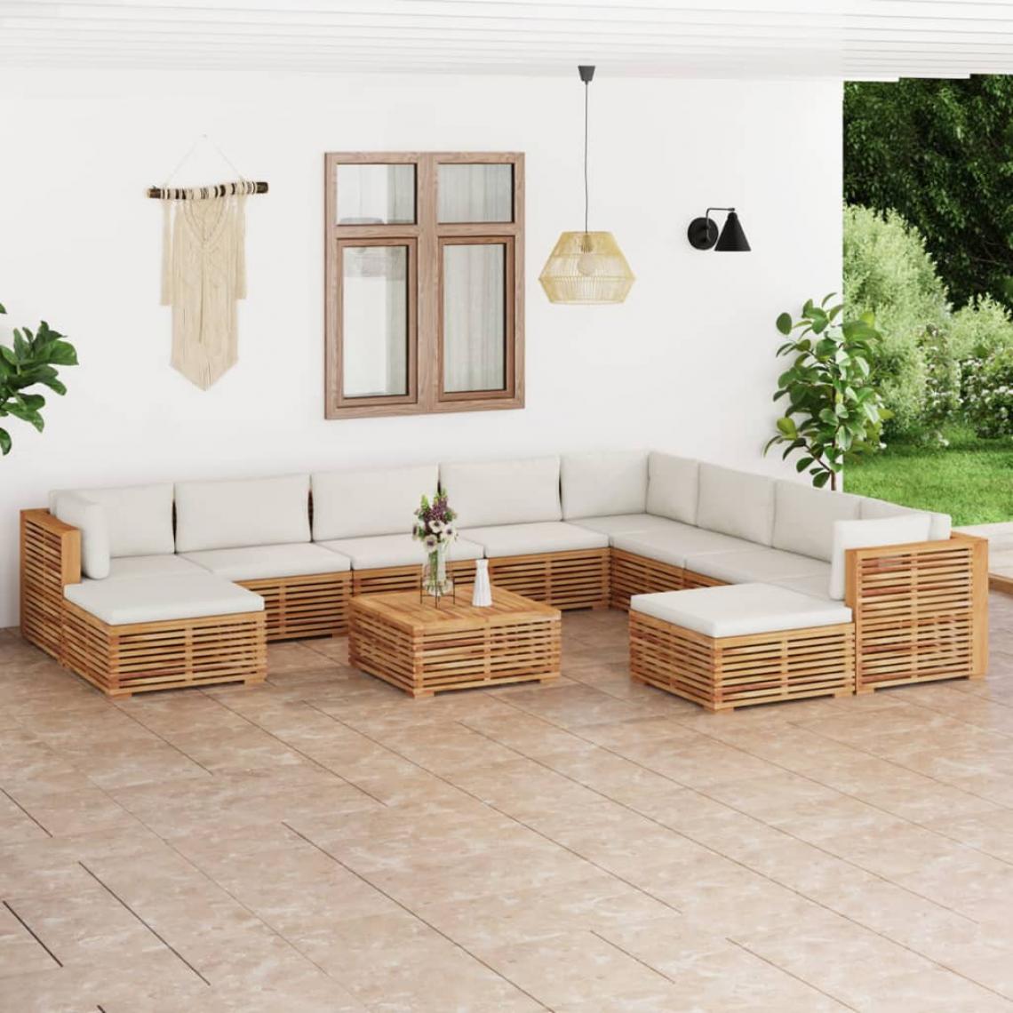 Vidaxl - vidaXL Salon de jardin 11 pcs avec coussin crème Bois de teck solide - Ensembles canapés et fauteuils