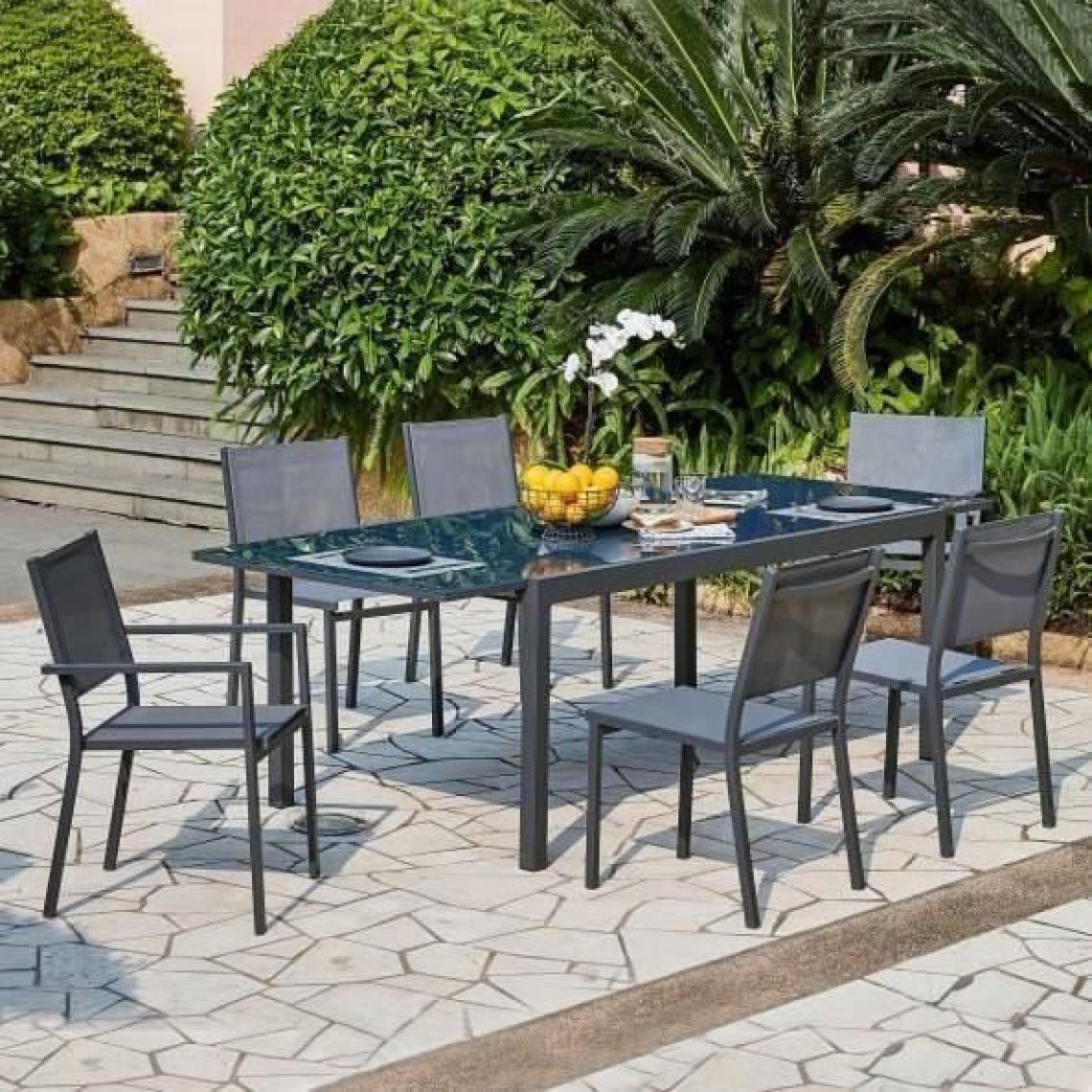 Sans Marque - Ensemble repas de jardin 6 a 8 personnes - Table aluminium extensible 180-240 cm + 6 chaises aluminium et assise textilene - Gri - Ensembles tables et chaises