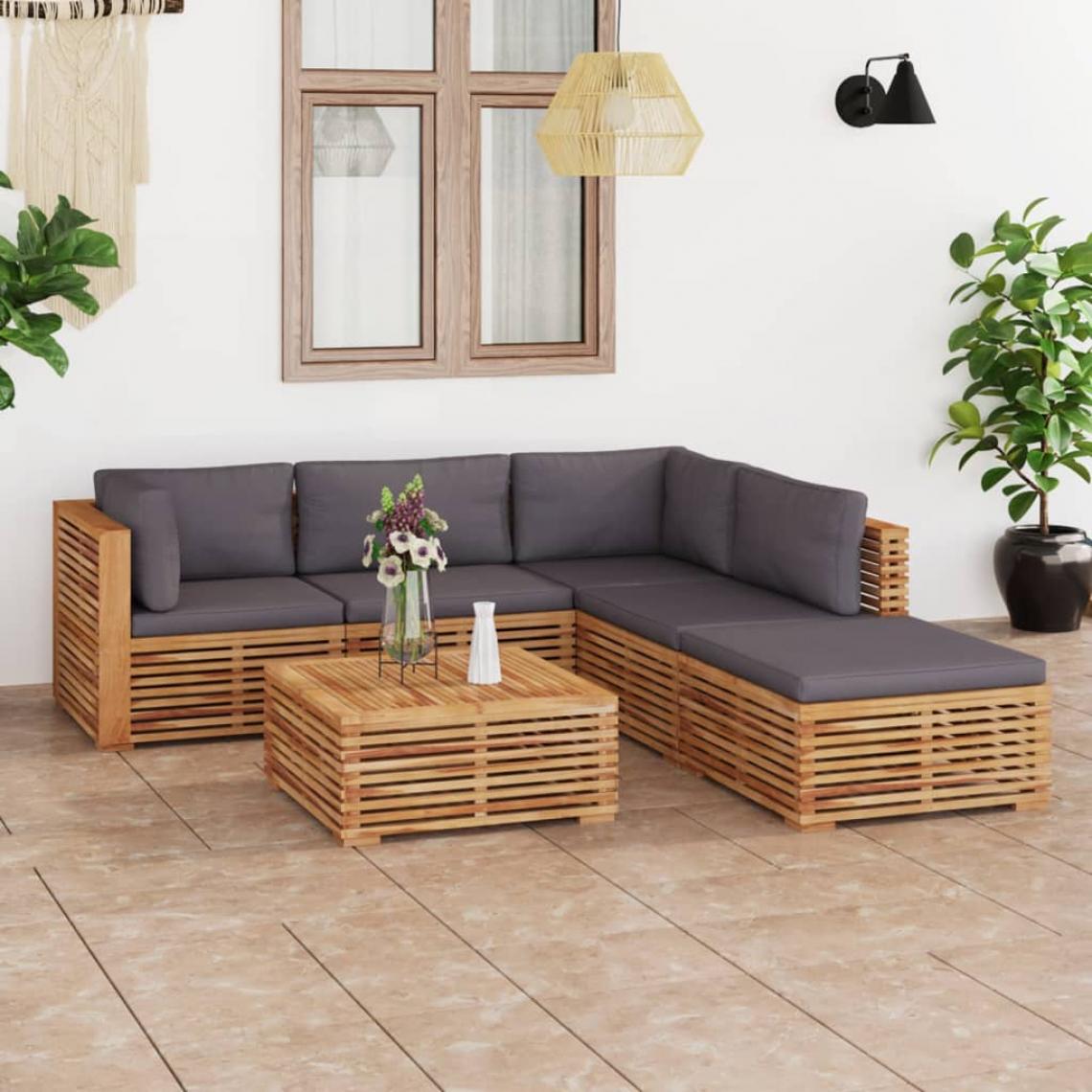 Vidaxl - vidaXL Salon de jardin 6 pcs avec coussin gris foncé Bois de teck - Ensembles canapés et fauteuils