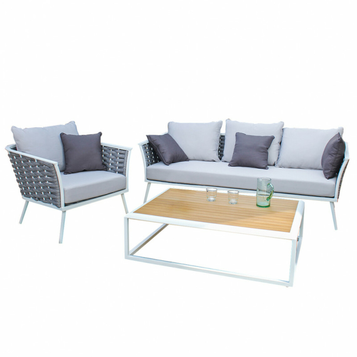 Meubletmoi - Salon de jardin en aluminium blanc tressage et coussins gris - RISE - Ensembles canapés et fauteuils