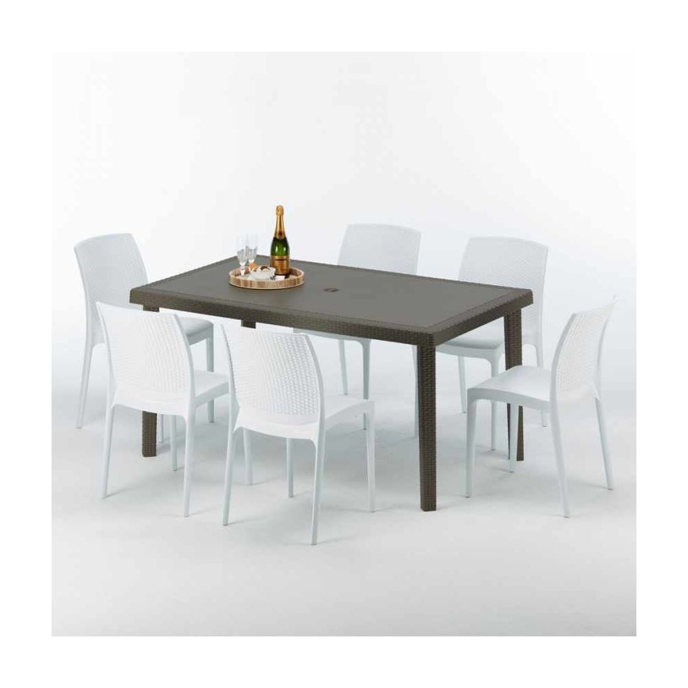 Grand Soleil - Table rectangulaire 6 chaises Poly rotin resine 150x90 marron Focus, Chaises Modèle: Boheme Blanc - Ensembles tables et chaises