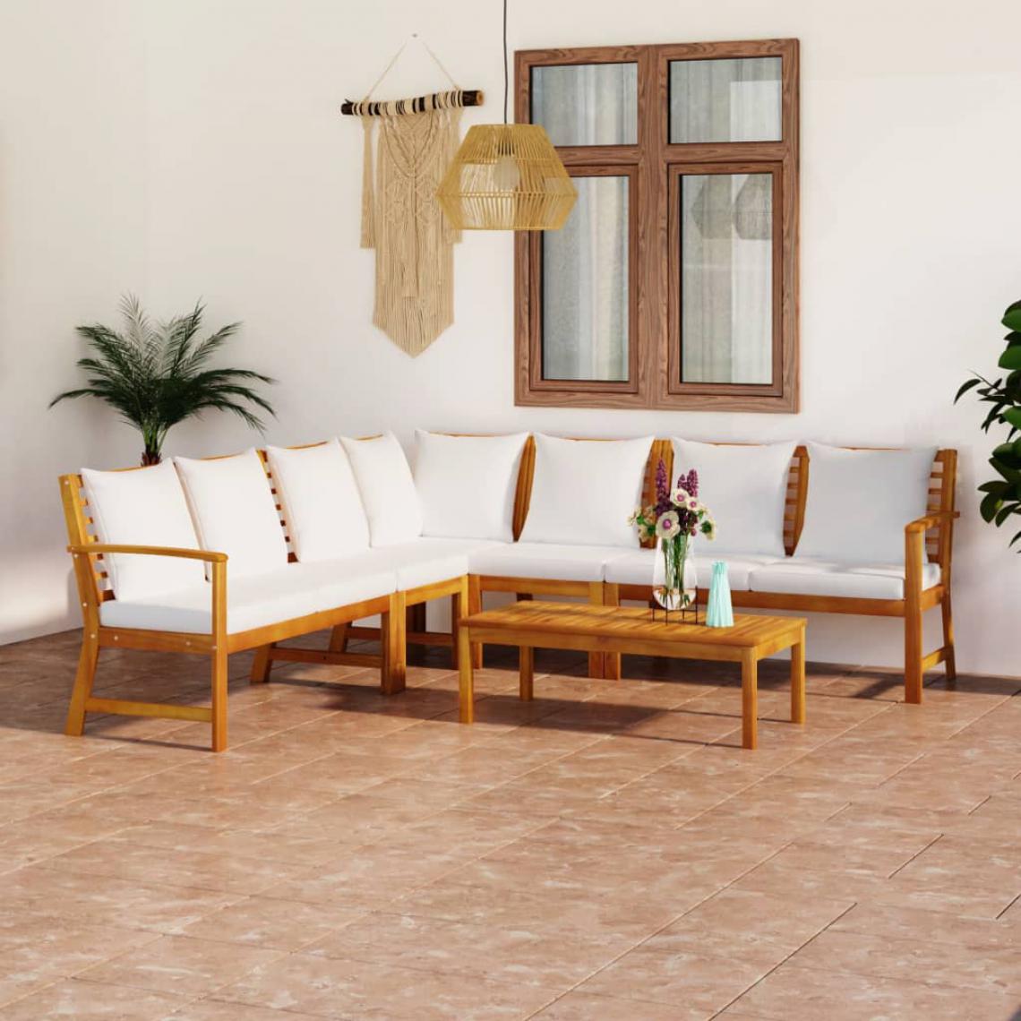 Chunhelife - Salon de jardin 6 pcs avec coussin Crème Bois d'acacia solide - Ensembles canapés et fauteuils