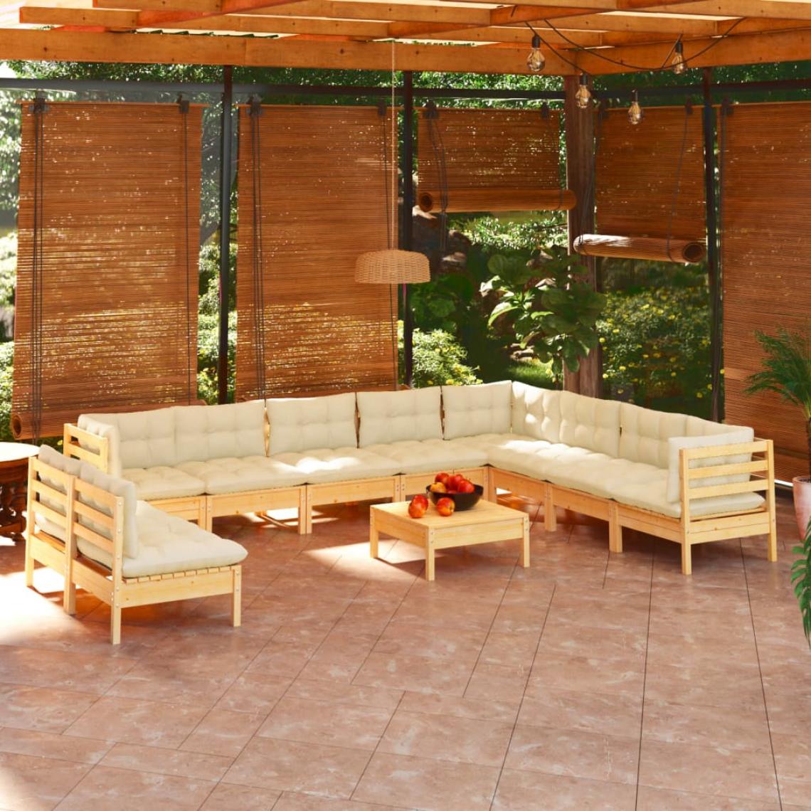 Vidaxl - vidaXL Salon de jardin 11 pcs avec coussins crème Bois de pin solide - Ensembles canapés et fauteuils