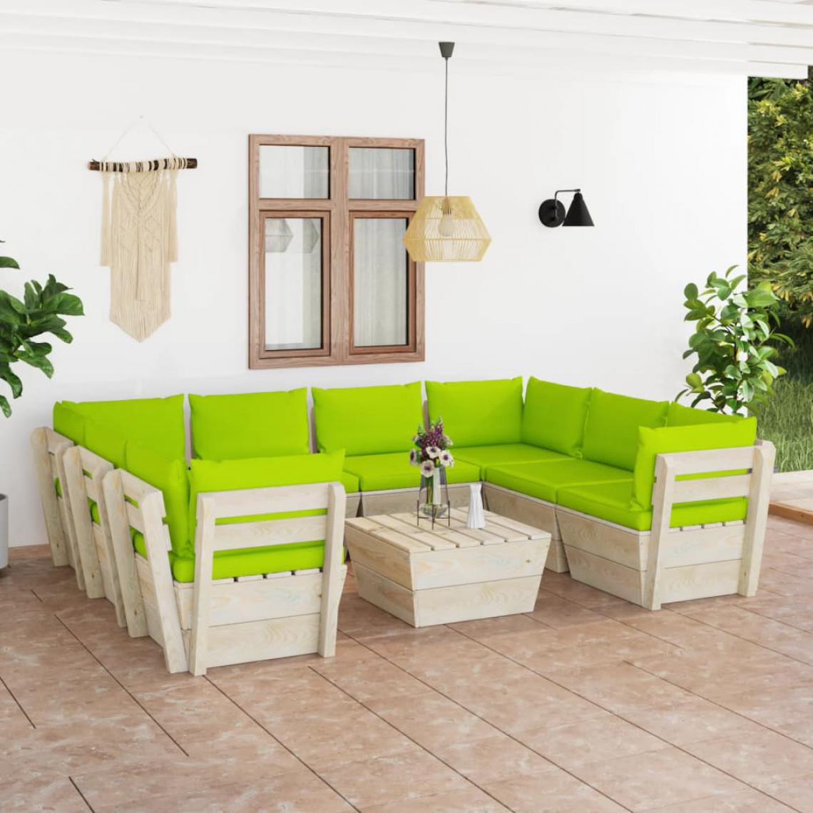Chunhelife - Salon de jardin palette 9 pcs avec coussins Épicéa imprégné - Ensembles canapés et fauteuils