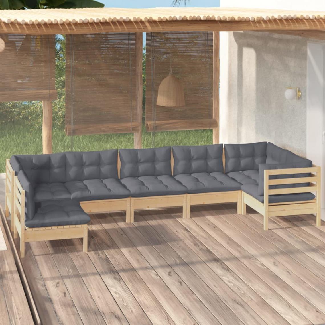 Vidaxl - vidaXL Salon de jardin 7 pcs avec coussins gris Bois de pin - Ensembles canapés et fauteuils