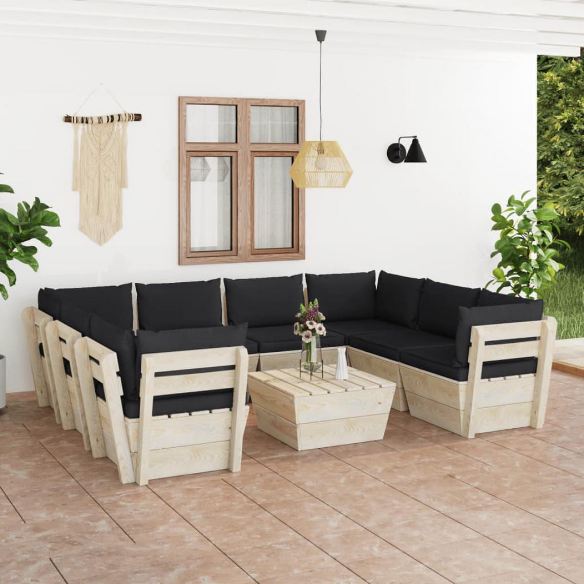 Chunhelife - Salon de jardin palette 9 pcs avec coussins Épicéa imprégné - Ensembles canapés et fauteuils