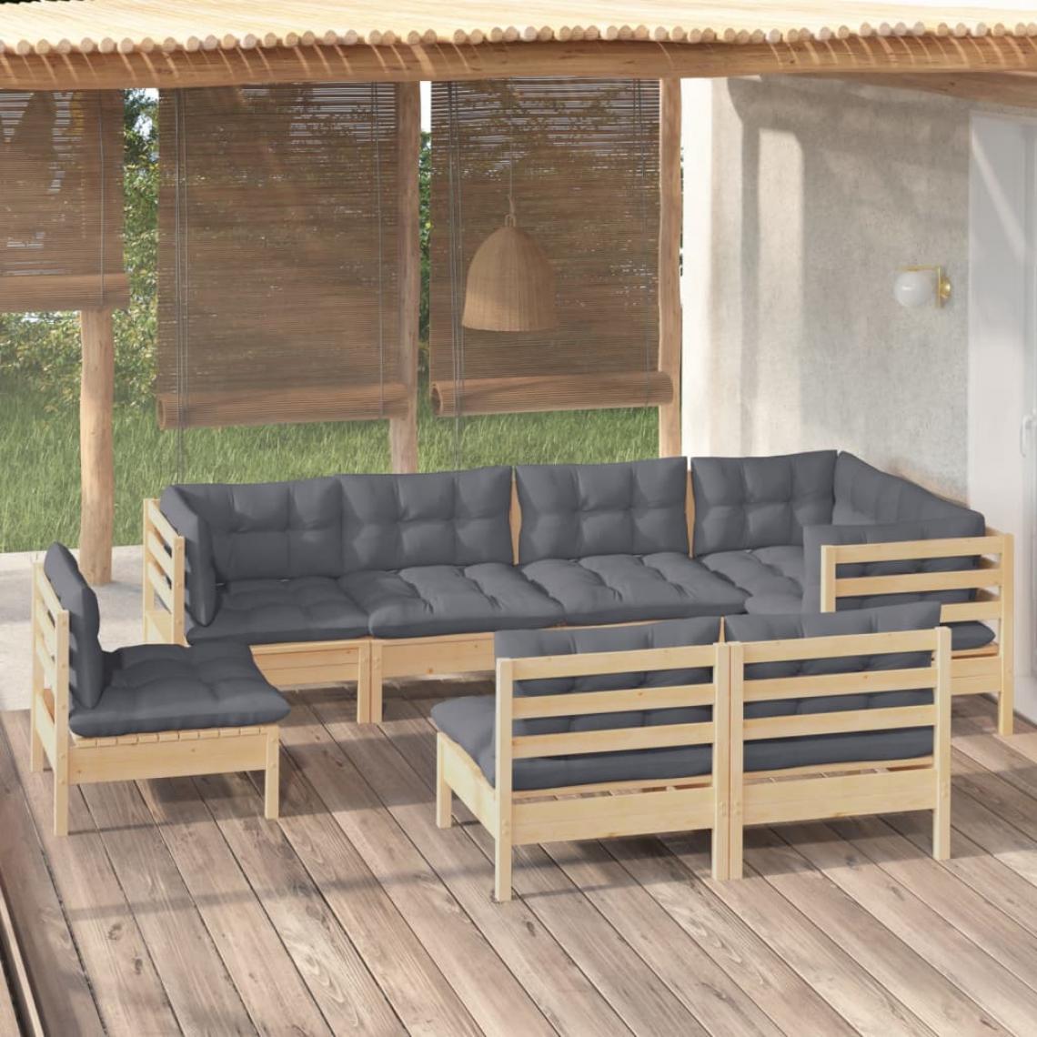Vidaxl - vidaXL Salon de jardin 8 pcs avec coussins gris Bois de pin massif - Ensembles canapés et fauteuils