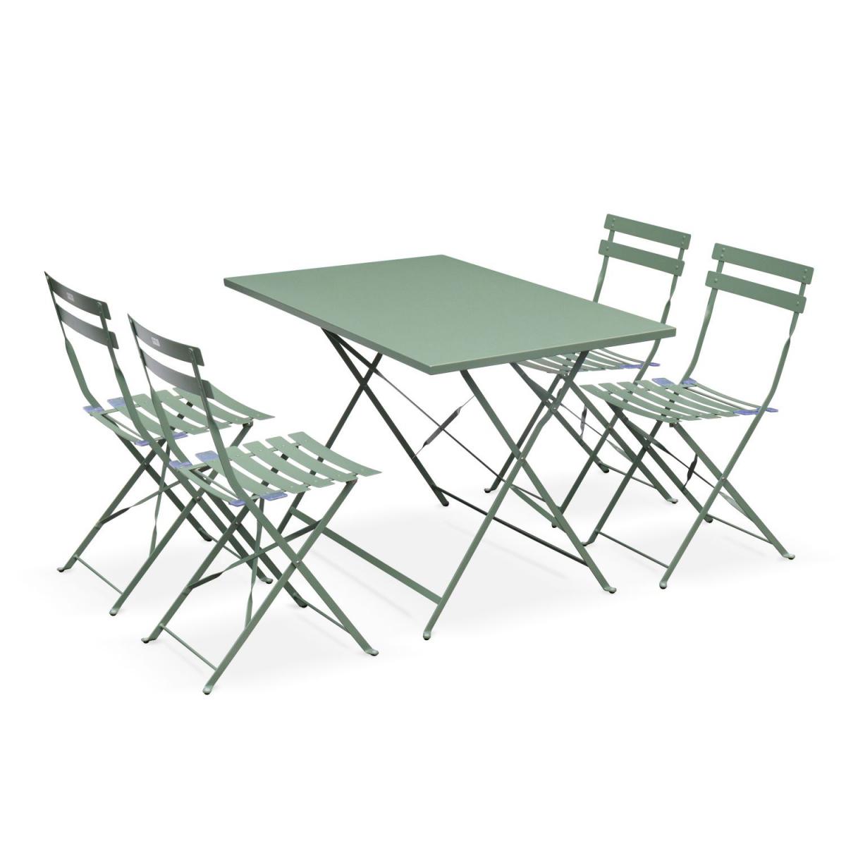 Alice'S Garden - Salon de jardin bistrot pliable Emilia rectangulaire vert de gris avec quatre chaises pliantes, acier thermolaqué - Ensembles canapés et fauteuils
